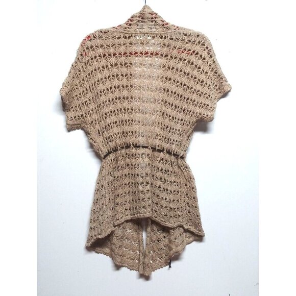 womens Cardigan Sweater Sz M Crocheted Taupe Tan Open Knit belted short sleeve - Picture 3 of 11